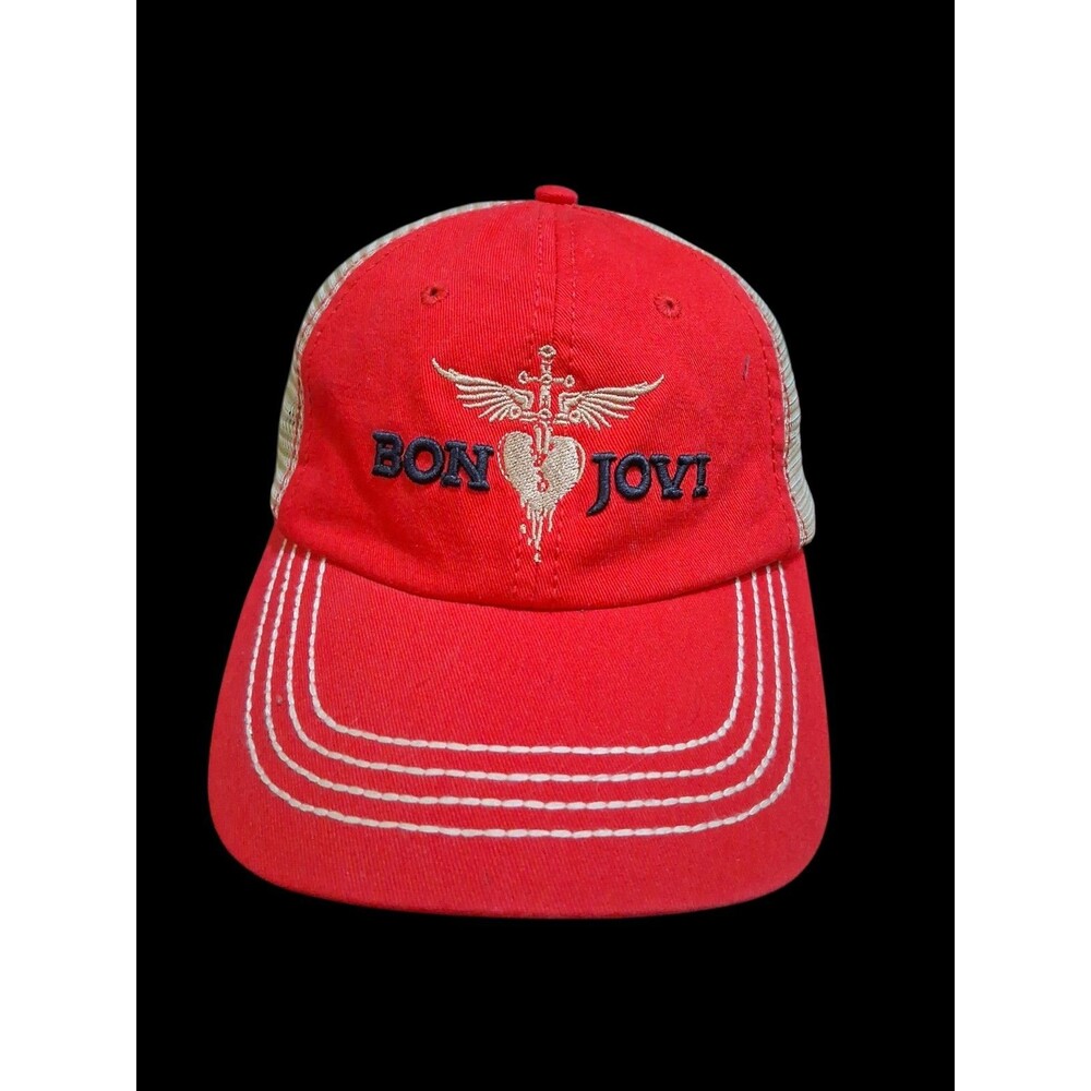Bon Jovi Trucker Hat Red Mesh Snapback Adjustable Rock Band Heart Wings Cap OSFA
